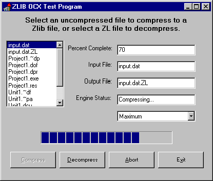 A dialog box with the zlib ocx embedded, showing progress during a compression session.